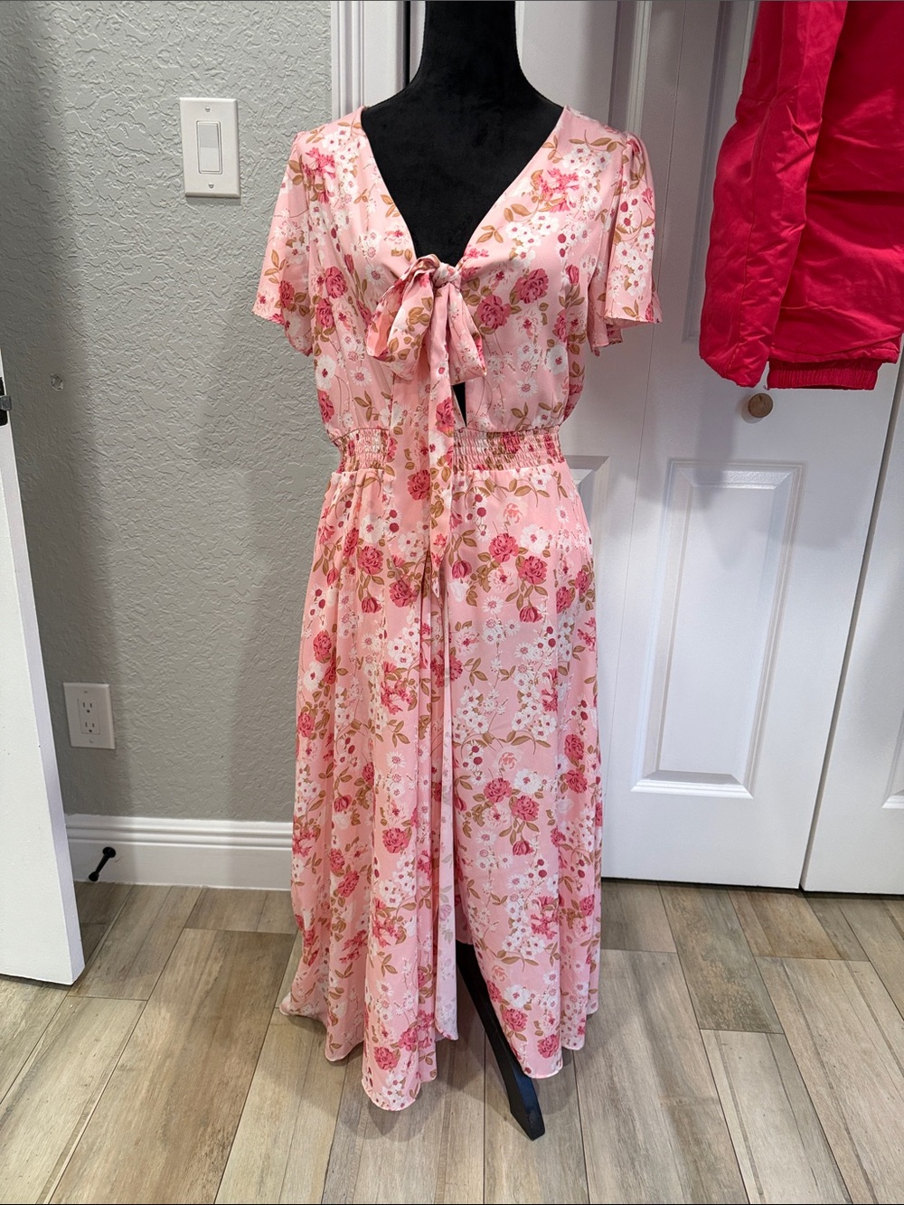 Peach Love California Pink Floral Tie-Front Maxi Dress